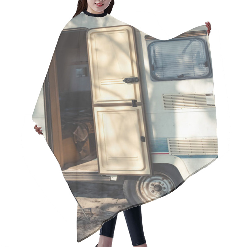 Personality  Close Up Of Travel Trailer With Open Door In Camp Hair Cutting Cape