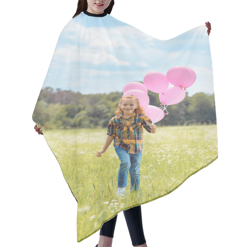 Personality  Cheerful Kid With Pink Balloons In Hand Running In Meadow Hair Cutting Cape