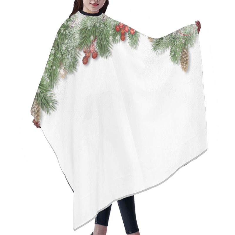 Personality  Christmas Decorations On White  Background. Border With Firtree And Holly Hair Cutting Cape