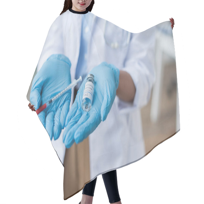 Personality  Partial View Of Doctor In Latex Gloves Holding Bottle With Vaccine And Syringe In Hands Hair Cutting Cape