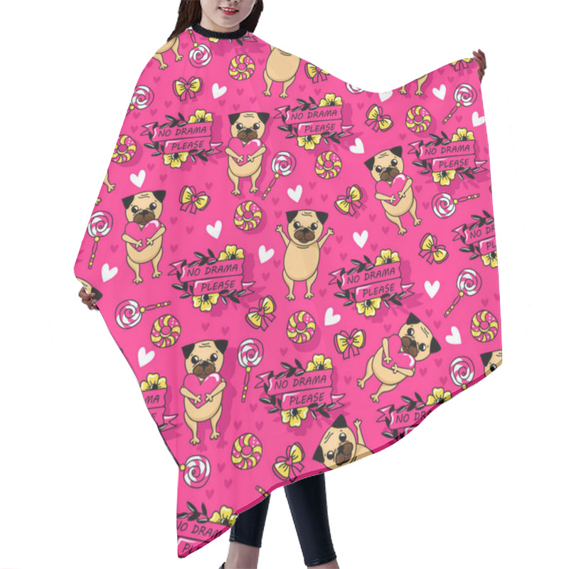 Personality  Sweet Seamless Pattern With Pug, Candy, Flowers, Donuts, Bow And Trendy Frases. Pink Background With Sweetie Dog And Funny Element.  Hair Cutting Cape