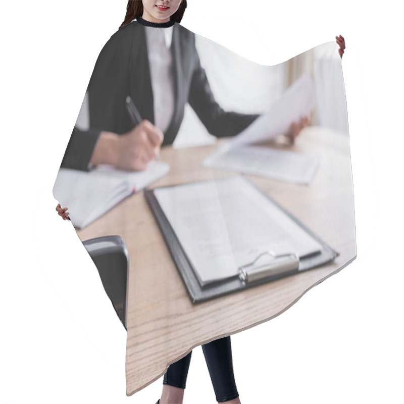 Personality  Selective Focus Of Stamper And Clipboard Near Cropped Notary Writing On Blurred Background Hair Cutting Cape