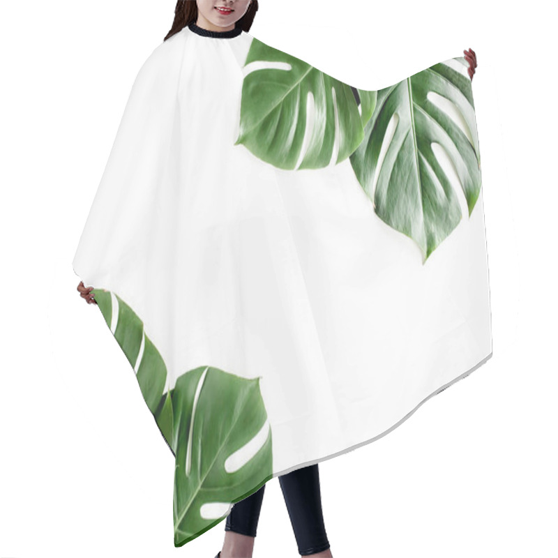 Personality  Tropical Palm Leaves Monstera On White Background. Flat Lay, Top View. Hair Cutting Cape