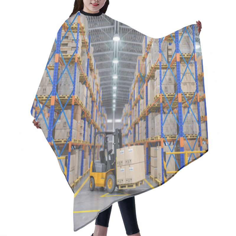 Personality  Forklift Truck In Warehouse Or Storage And Shelves With Cardboard Boxes. 3d Illustration Hair Cutting Cape