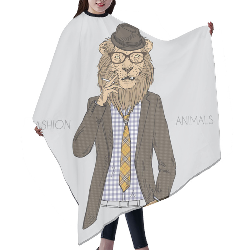 Personality  Fashion Illustration Of Lion Dressed Up Hair Cutting Cape