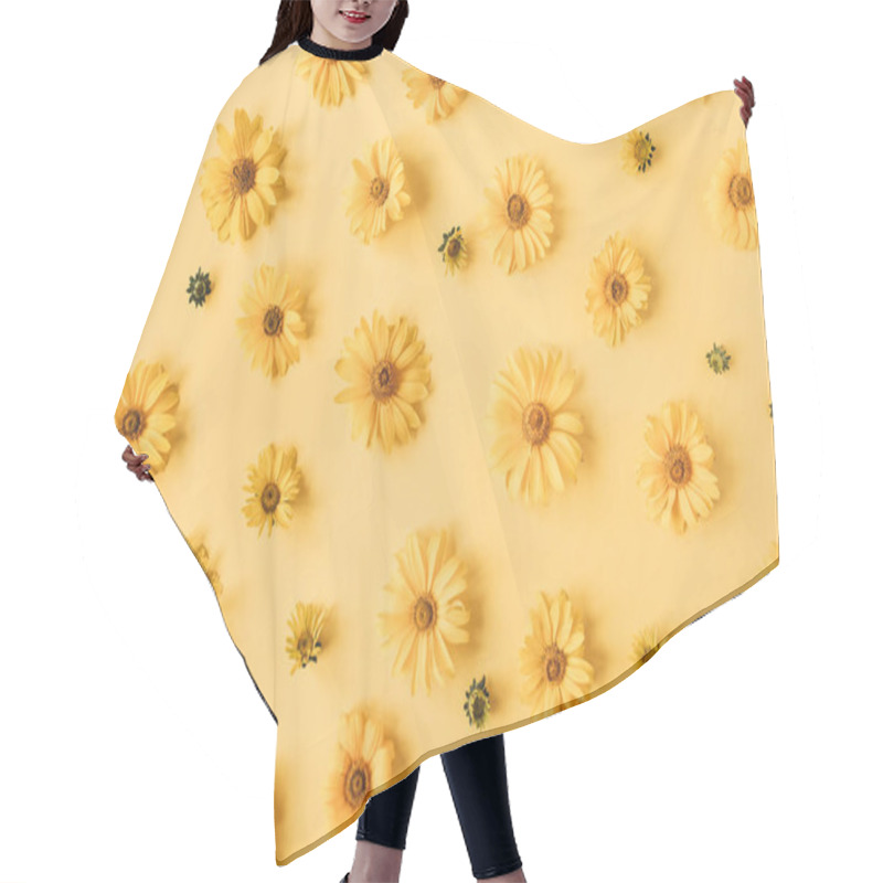 Personality  Flat Lay Yellow Daisy Flower Buds Pattern On Yellow Background. Top View Floral Texture. Hair Cutting Cape