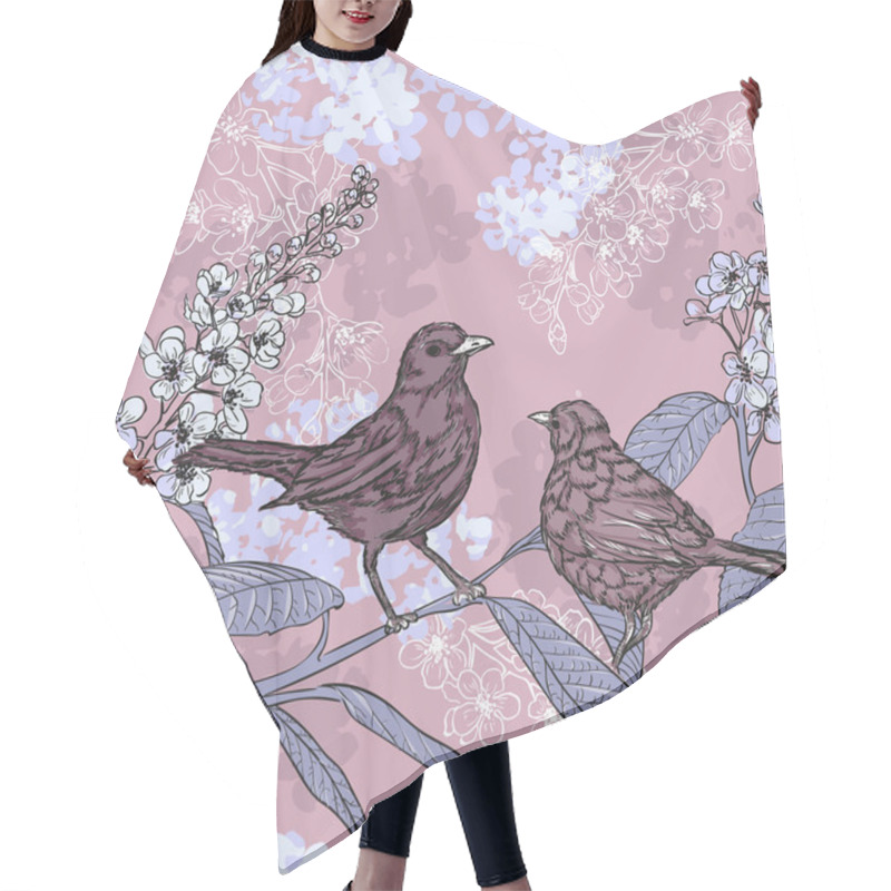 Personality  Pattern With Birds On A Blooming Branch Hair Cutting Cape