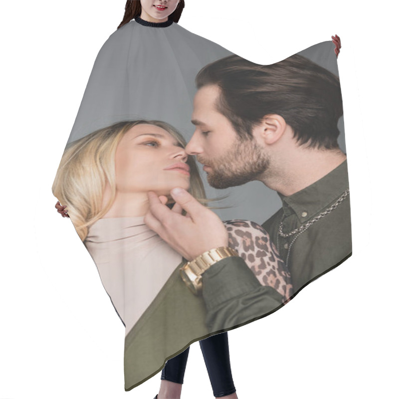 Personality  Bearded Man In Green Shirt Kissing Blonde Girlfriend Isolated On Grey Hair Cutting Cape