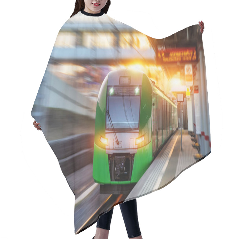 Personality  Passenger Electric Train Arrives At The Station In Urban Landscape At Sunset Evening Time Rush Hour Hair Cutting Cape