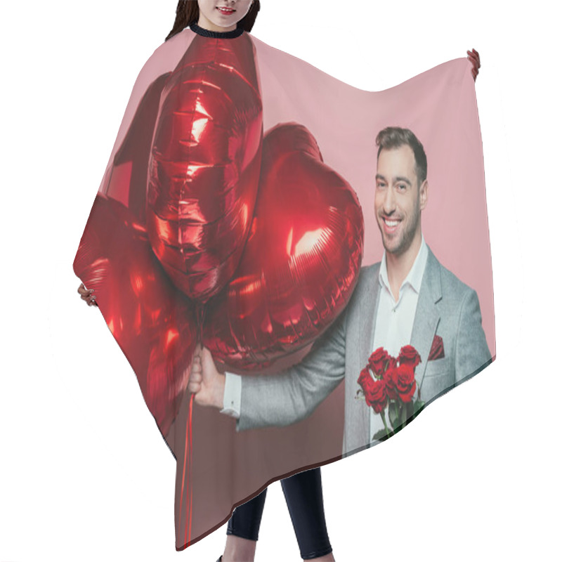 Personality  Emotional Man Holding Roses And Red Heart Balloons For Valentines Day On Pink Hair Cutting Cape