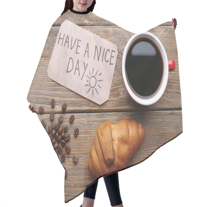 Personality  Cup Of Coffee And Fresh Croissant On Wooden Table, Top View Hair Cutting Cape