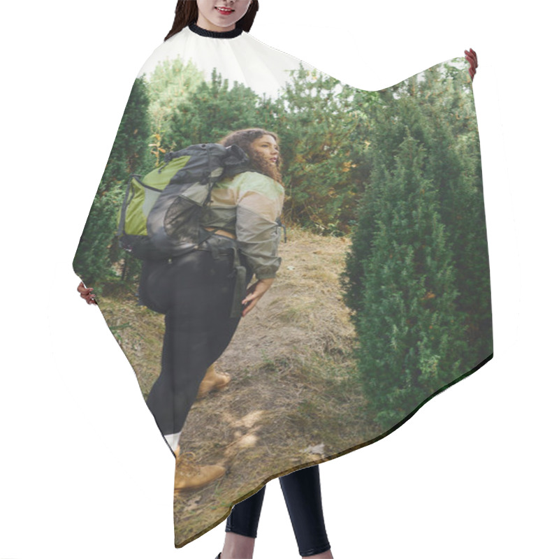 Personality  A Joyful Plus Size Woman Explores A Vibrant Natural Landscape With A Backpack, Embracing Adventure. Hair Cutting Cape