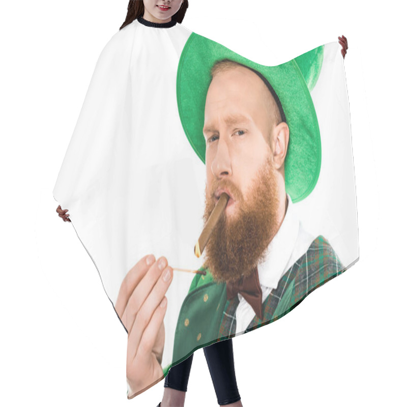 Personality  Bearded Man In Green Costume And Hat Smoking Cigar And Looking At Camera Isolated On White Hair Cutting Cape