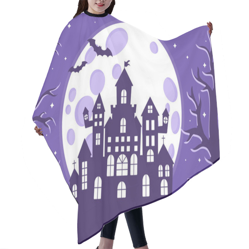 Personality  Vector Cartoon Illustration Of Halloween Medieval Haunted Castle Silhouette In A Cemetery On A Background Of The Full Moon, Stars And Bats. Halloween Holiday Concept. Hair Cutting Cape