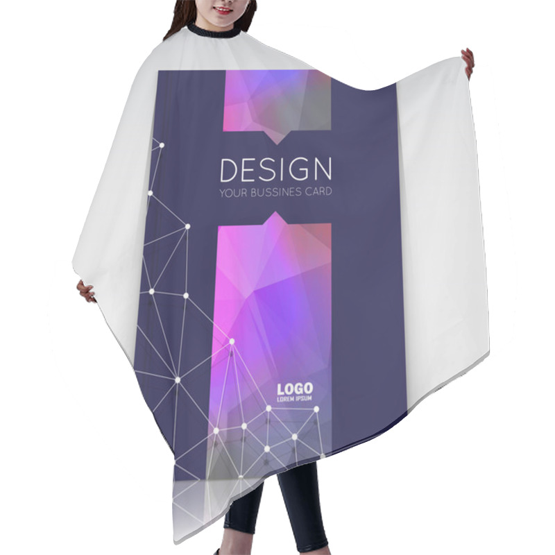 Personality  Abstract Composition. Purple Polygonal Triangle Construction Texture. Cybernetic Dots, Lines Plexus Section. Black Brochure Title Sheet. Creative Figure Logo Icon Surface. Banner Form. Flyer Font. Hair Cutting Cape