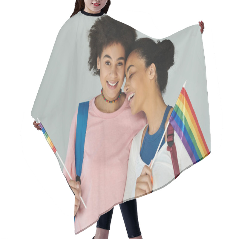 Personality  Two Joyful Girls Hold Rainbow Flags, Showcasing Friendship And Pride During A Vibrant Celebration. Hair Cutting Cape