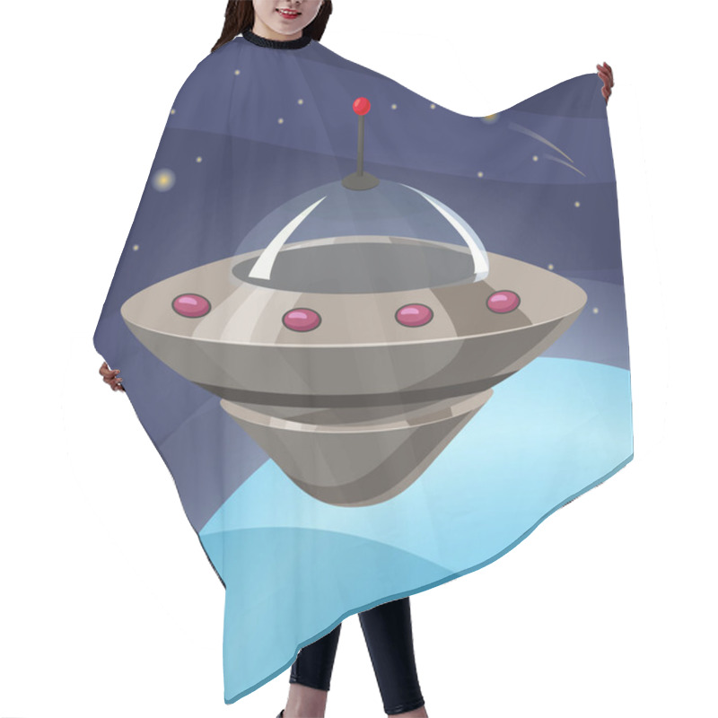 Personality  UFO Spaceship, Cartoon Style, Background Space Planet, Isolated, Vector, Illustration Hair Cutting Cape