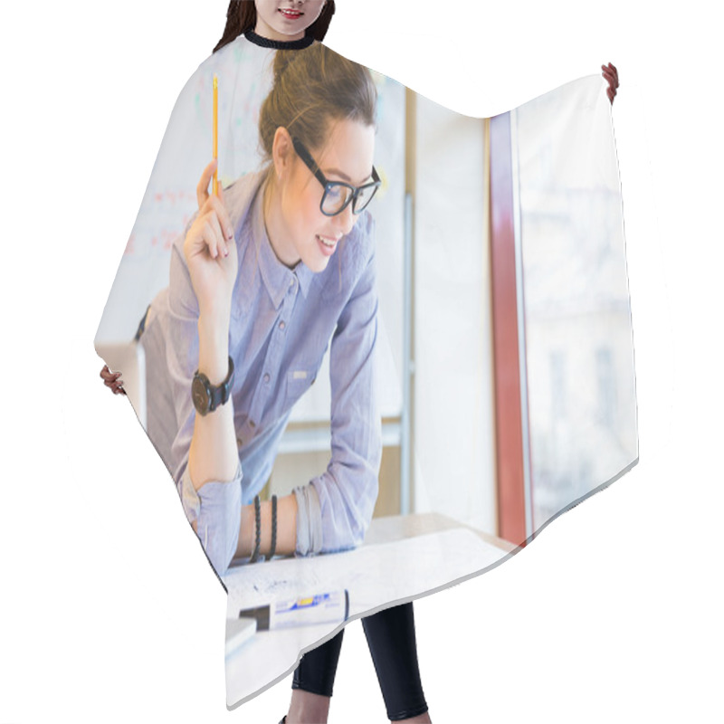 Personality  Happy Woman Working With Blueprint Near The Window In Office Hair Cutting Cape