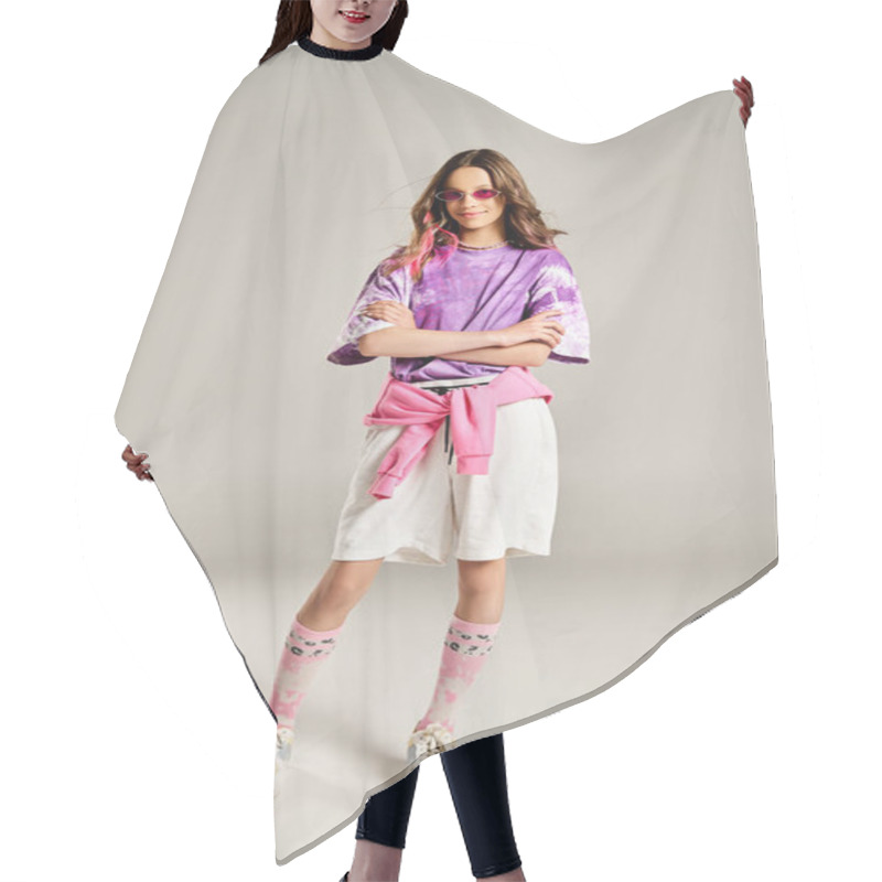 Personality  A Stylish Teenage Girl In A Purple Shirt And White Skirt Poses Gracefully. Hair Cutting Cape