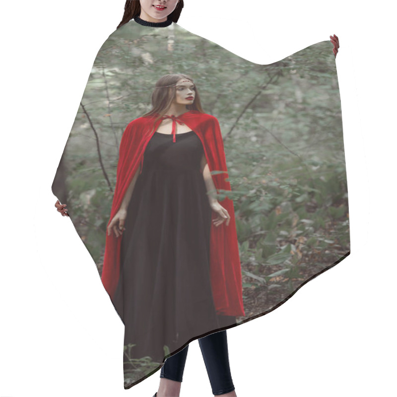 Personality  Beautiful Mystic Girl In Red Cloak In Forest Hair Cutting Cape