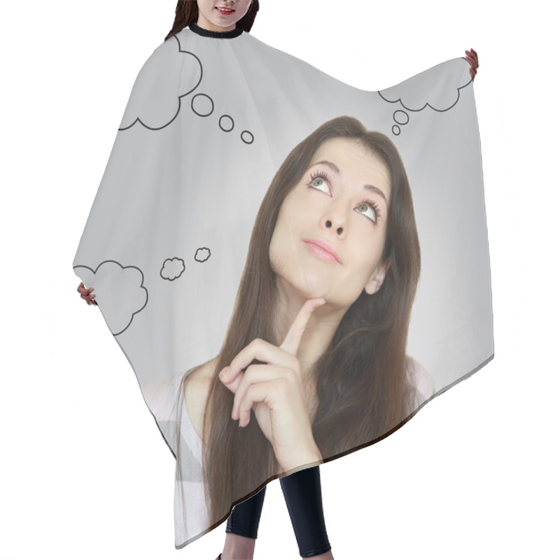 Personality  Thinking Woman With Many Ideas In Empty Bubble On Grey Backgroun Hair Cutting Cape