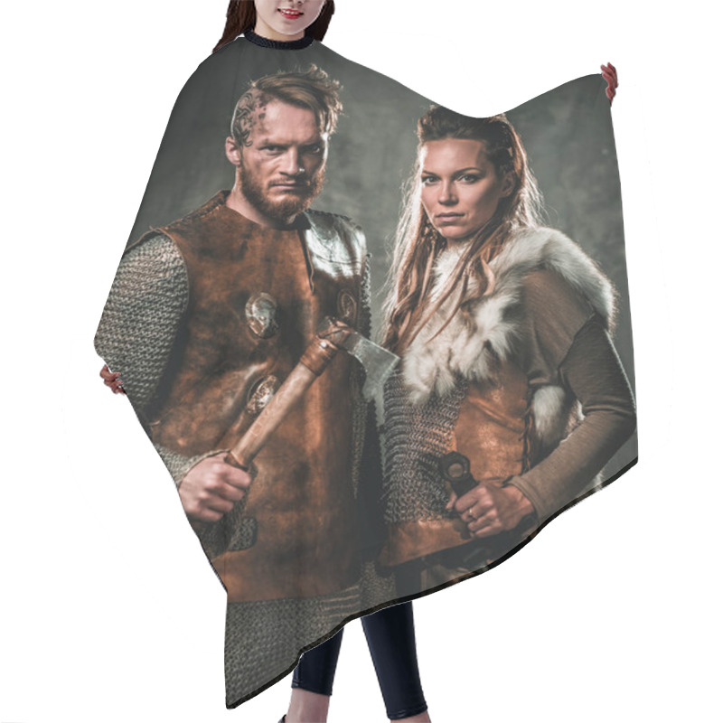 Personality  Vikings Couple Posing In Studio. Hair Cutting Cape