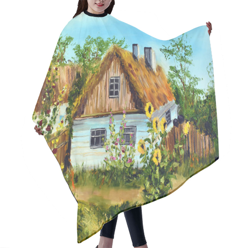 Personality  Oil Painting Village House. Drawing Paints A Rustic Motif. Hair Cutting Cape