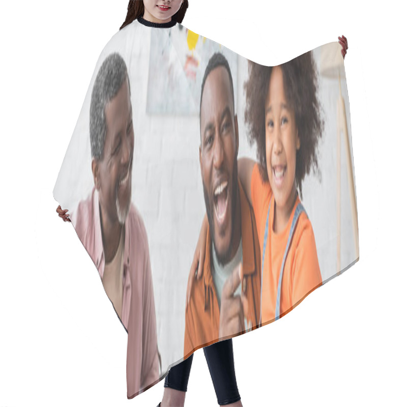 Personality  Positive African American Man Pointing With Finger Near Daughter And Mature Father At Home, Banner  Hair Cutting Cape