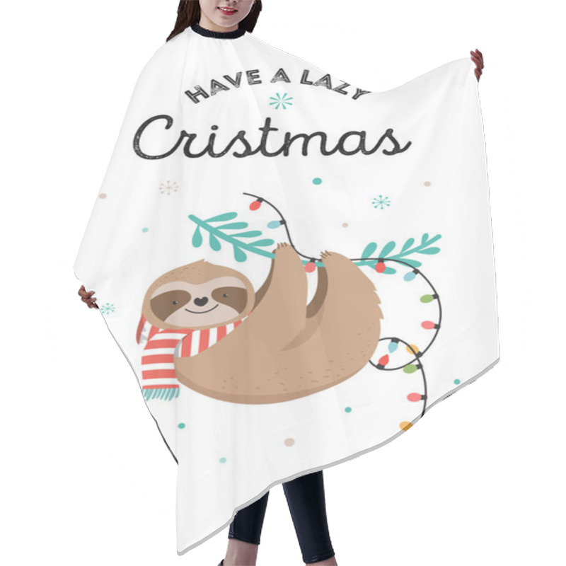 Personality  Cute Sloths, Funny Christmas Illustrations With Santa Claus Costumes, Hat And Scarfs, Greeting Cards Set, Banner Hair Cutting Cape