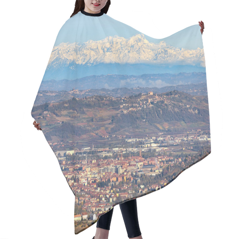 Personality  Town Among Hills And Snowy Mountain Peaks On Background. Hair Cutting Cape