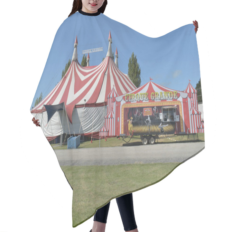 Personality  AUCKLAND, NEW ZEALAND - Jul 01, 2019: Auckland / New Zealand - March 07 2019: View Of Cirque Grande Circus Tent With Ticket Office In Front And Trees With Blue Sky In Background Hair Cutting Cape