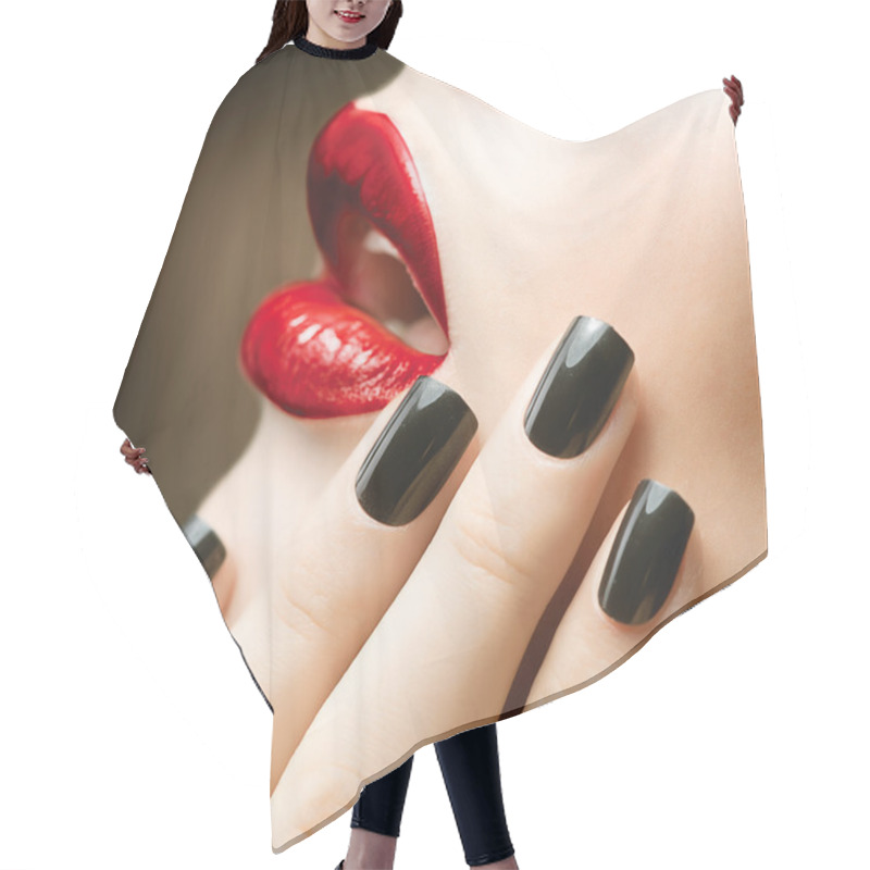 Personality  Makeup And Manicure. Black Nails And Red Lips Hair Cutting Cape