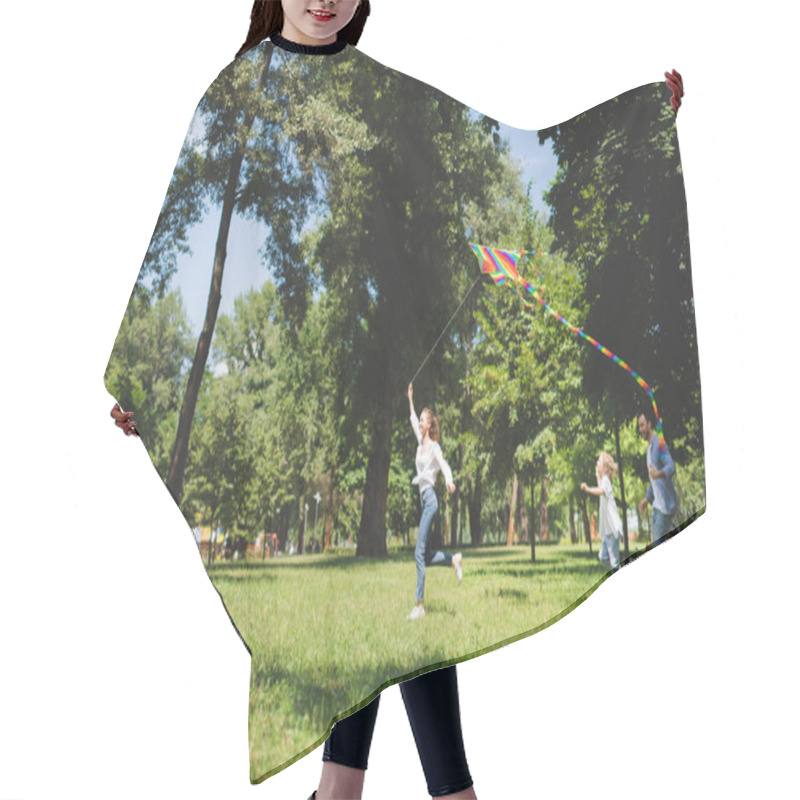 Personality  Happy Family Running And Playing With Flying Kite In Park With Copy Space Hair Cutting Cape