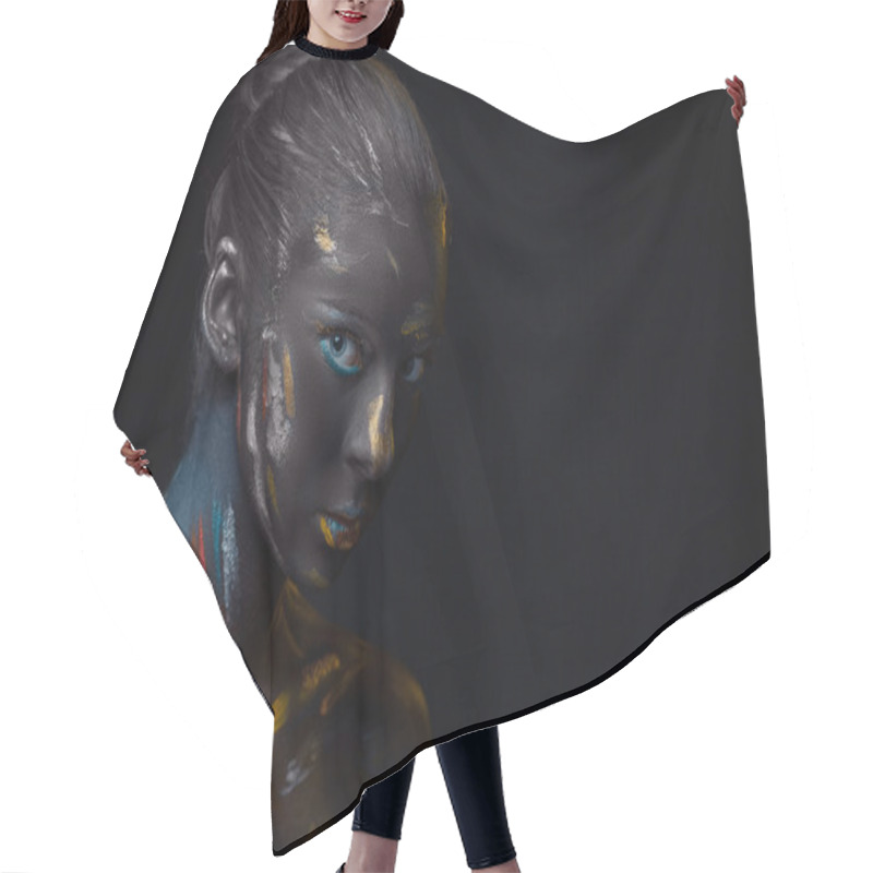 Personality  Portrait Of A Young Woman Who Is Posing Covered With  Black Paint Hair Cutting Cape