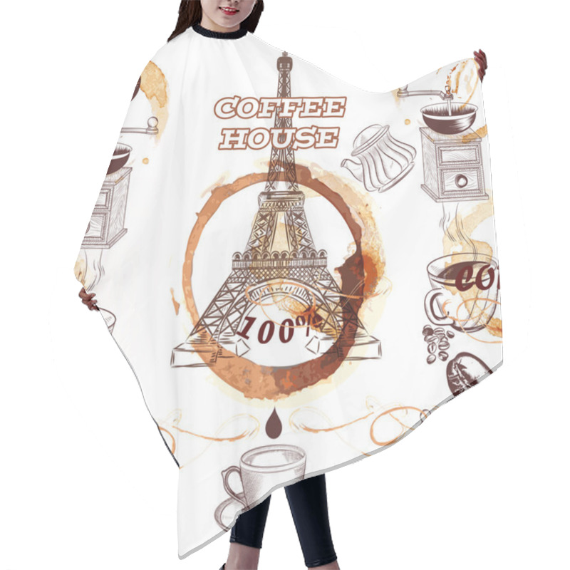 Personality  Coffee Vector Background With Hand Drawn Eiffel Tower And Coffee Hair Cutting Cape