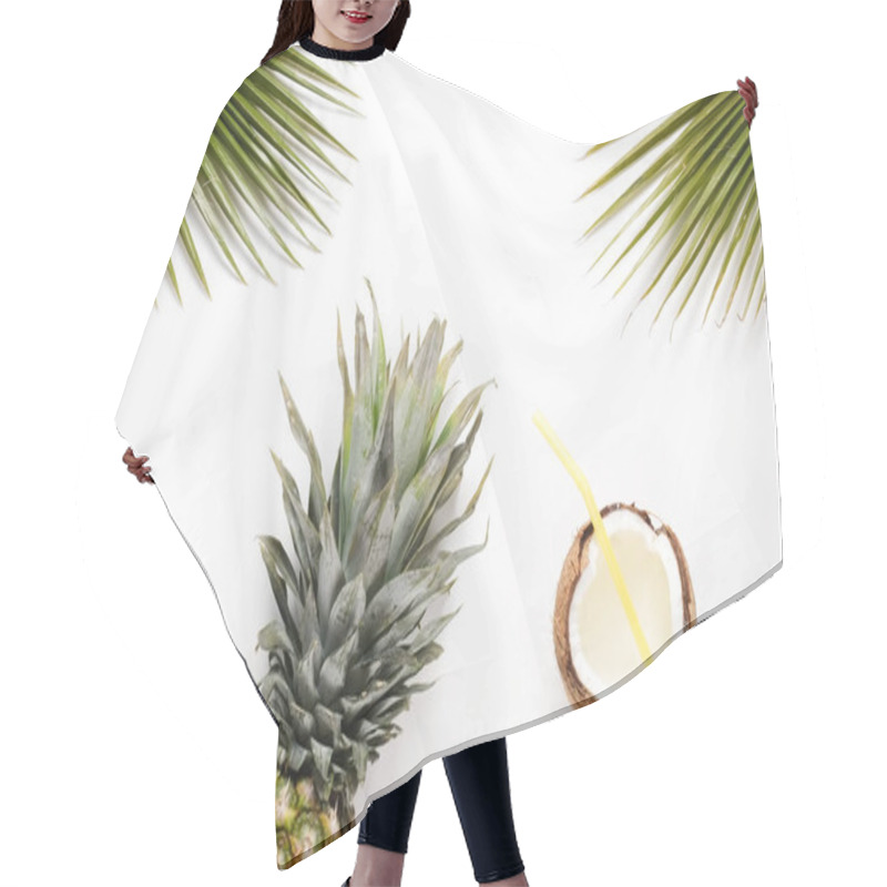 Personality  Exotic Top View Composition With Items Symbolizing Summer Mood. Hair Cutting Cape