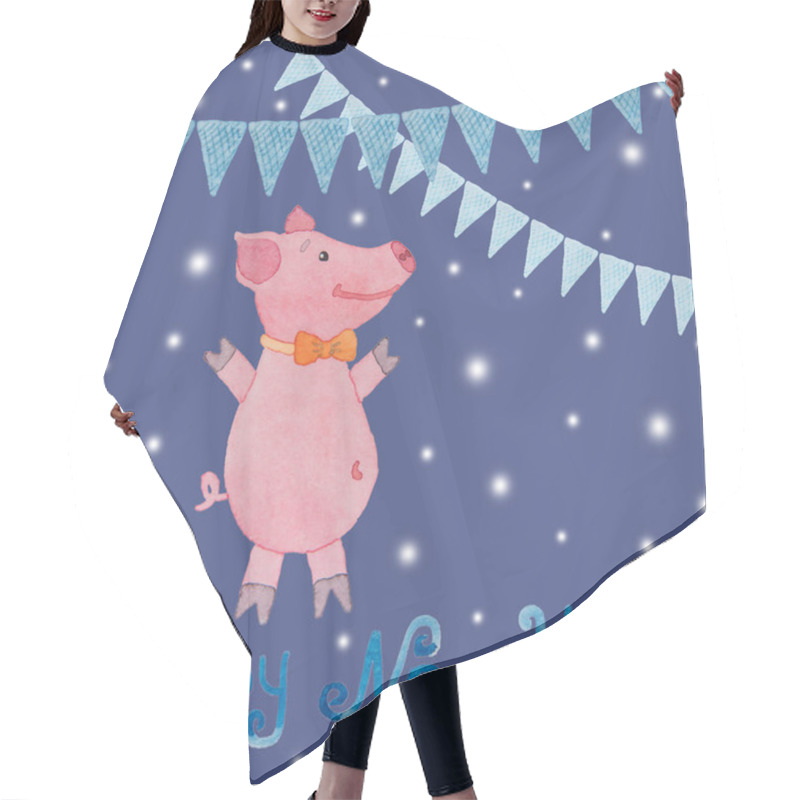 Personality  New Year Card With The Symbol Of The Year Pig And Flags Drawn In Hair Cutting Cape