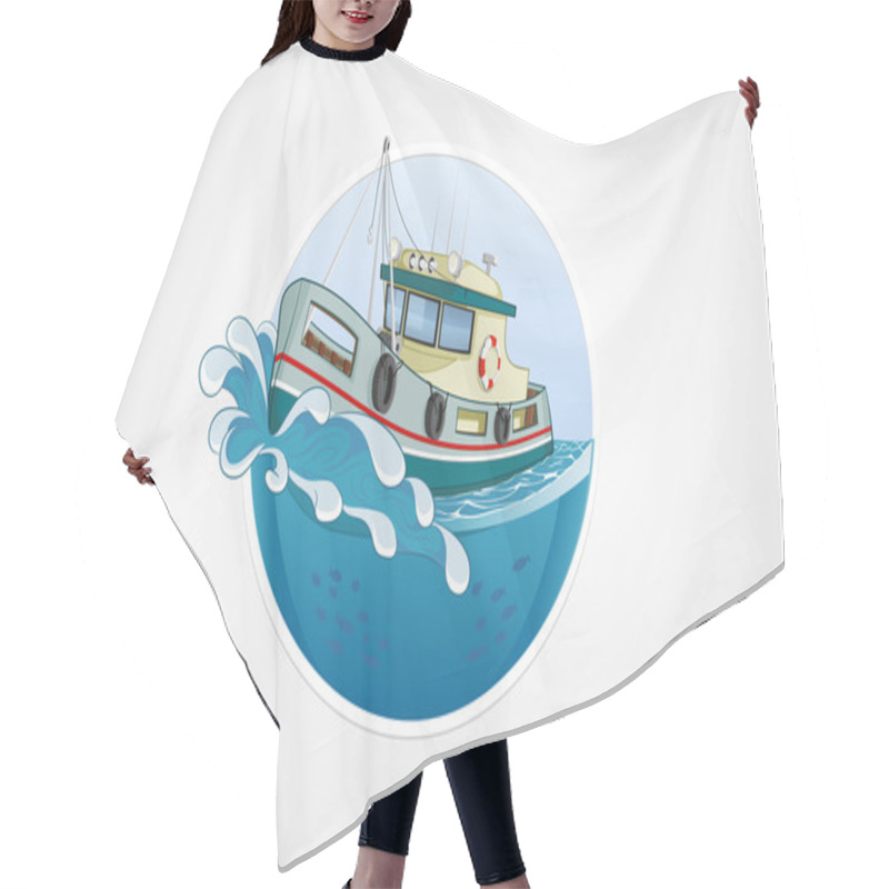 Personality  Moving Fishing Boat. Deep Sea With Wave. Round Vector Computer Icons For Applications Or Games. Logo And Emblem Template. Handdrawn Illustration. Hair Cutting Cape