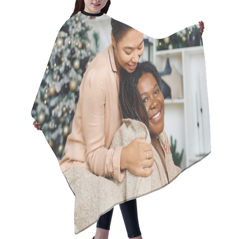 Personality  Two Women Embrace Happily, Surrounded By Festive Decorations And Holiday Spirit In A Cozy Home. Hair Cutting Cape