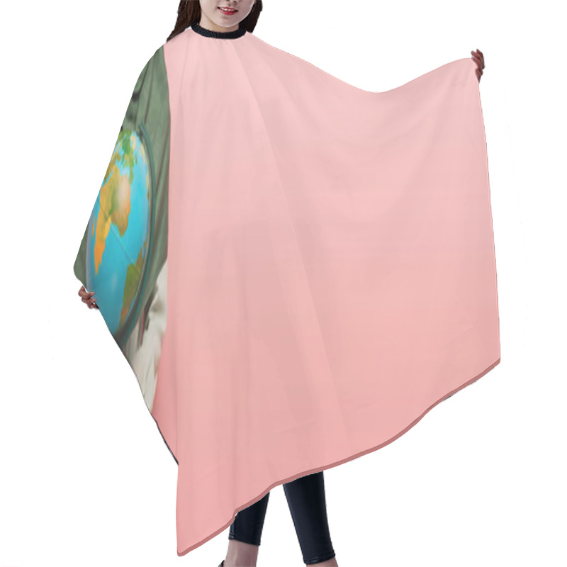 Personality  Partial View Of Muslim Teacher With Globe And Books On Pink Background, Banner Hair Cutting Cape