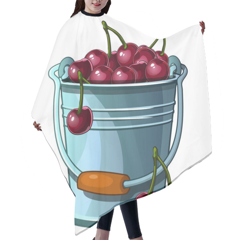 Personality  Steel Bucket Full Of Ripe Cherries. Vector Illustration Isolated On White Background. Image In Cartoon Style Hair Cutting Cape