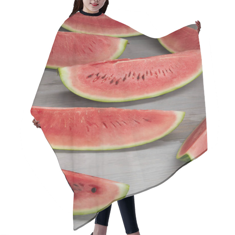 Personality  Food Composition With Fresh Watermelon Slices On Grey Wooden Surface Hair Cutting Cape