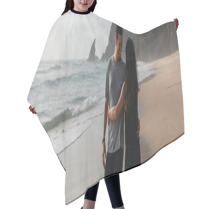 Personality  Happy Man Dancing With Girlfriend In Dress On Wet Sand Near Ocean, Banner Hair Cutting Cape