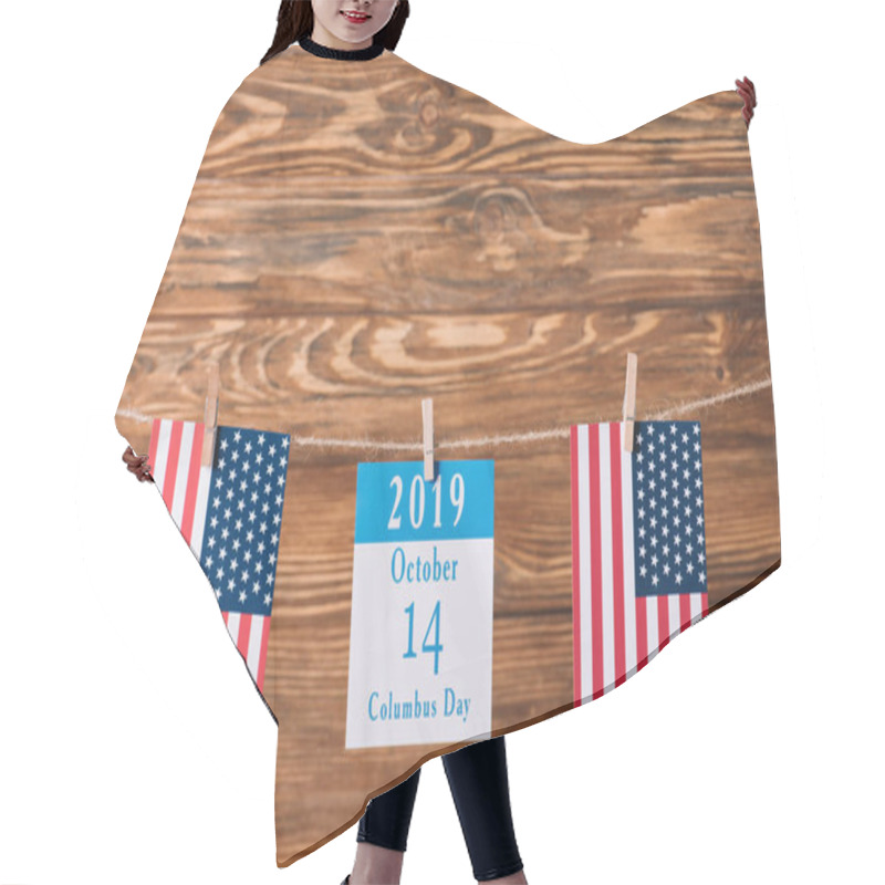 Personality  Calendar  With 14 October Date Between National Flags Of America On Wooden Surface Hair Cutting Cape