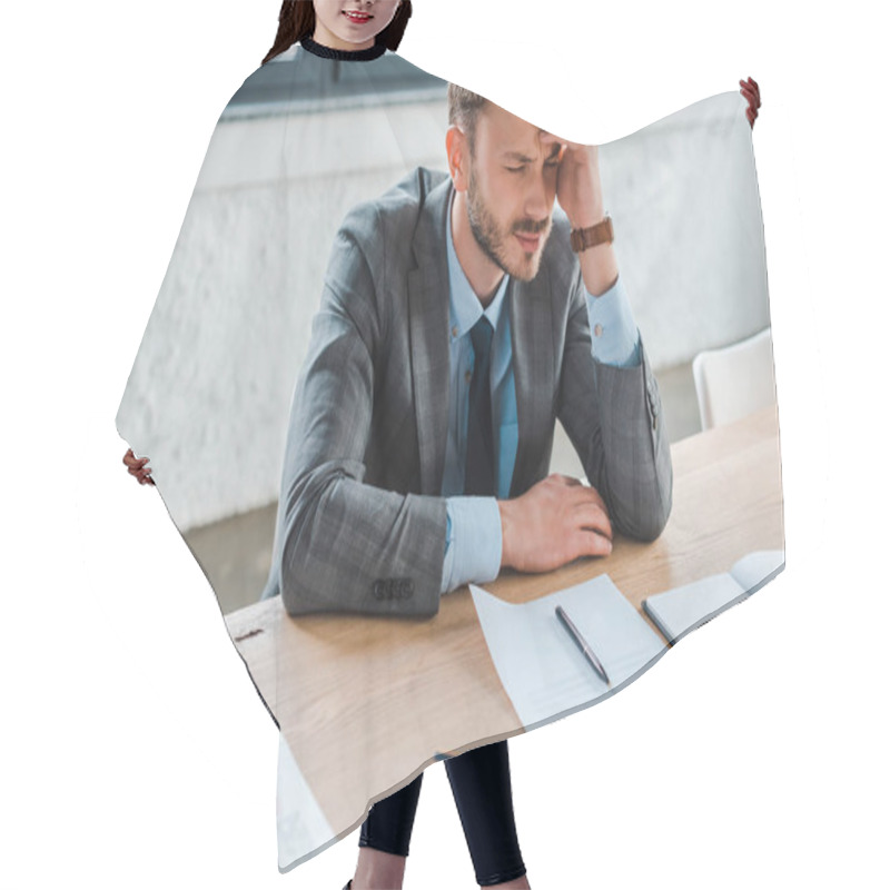 Personality  Sad Businessman With Closed Eyes Near Paper And Credit Card  Hair Cutting Cape