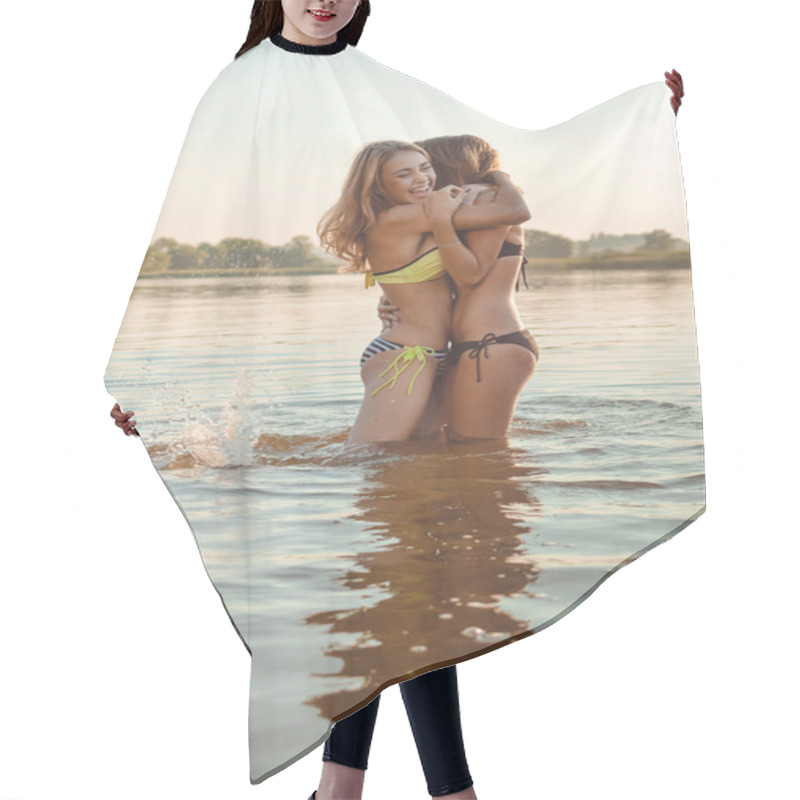 Personality  Picture Of 2 Beautiful Young Women Best Friends Having Fun Hugging In The Water On Sunny Outdoors Background Copy Space Hair Cutting Cape