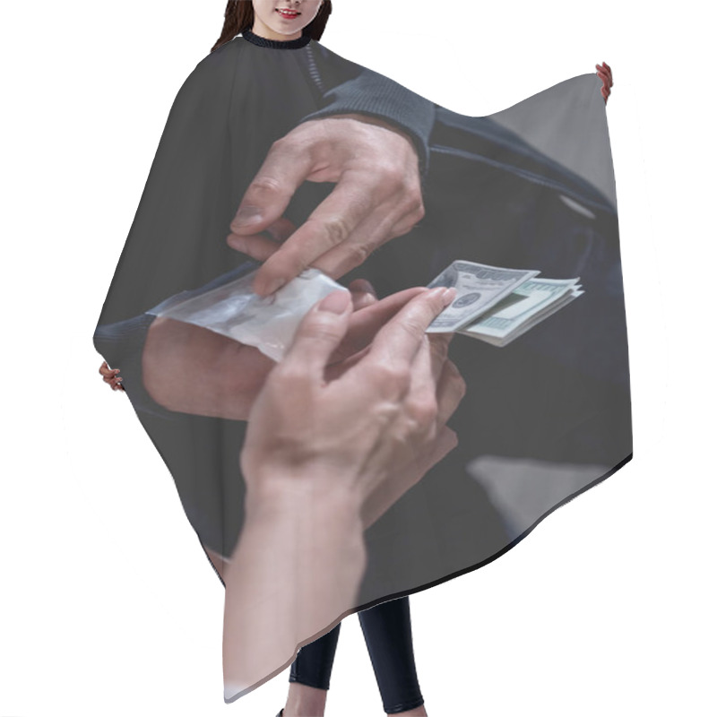 Personality  Partial View Of Woman With Dollar Banknotes Buying Drugs From Thug  Hair Cutting Cape