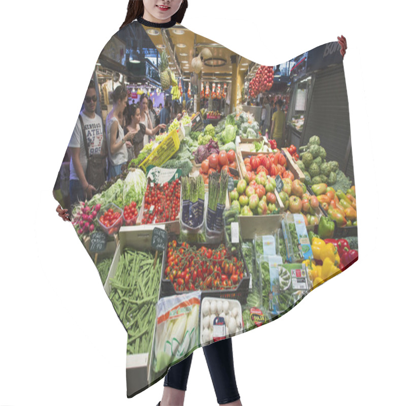 Personality  BARCELONA, SPAIN - JUNE 23, 2015: People Buying Food Inside Mercat De Sant Josep De La Boqueria. It Is A Large Public Market In The Ciutat Vella District Of Barcelona. Hair Cutting Cape