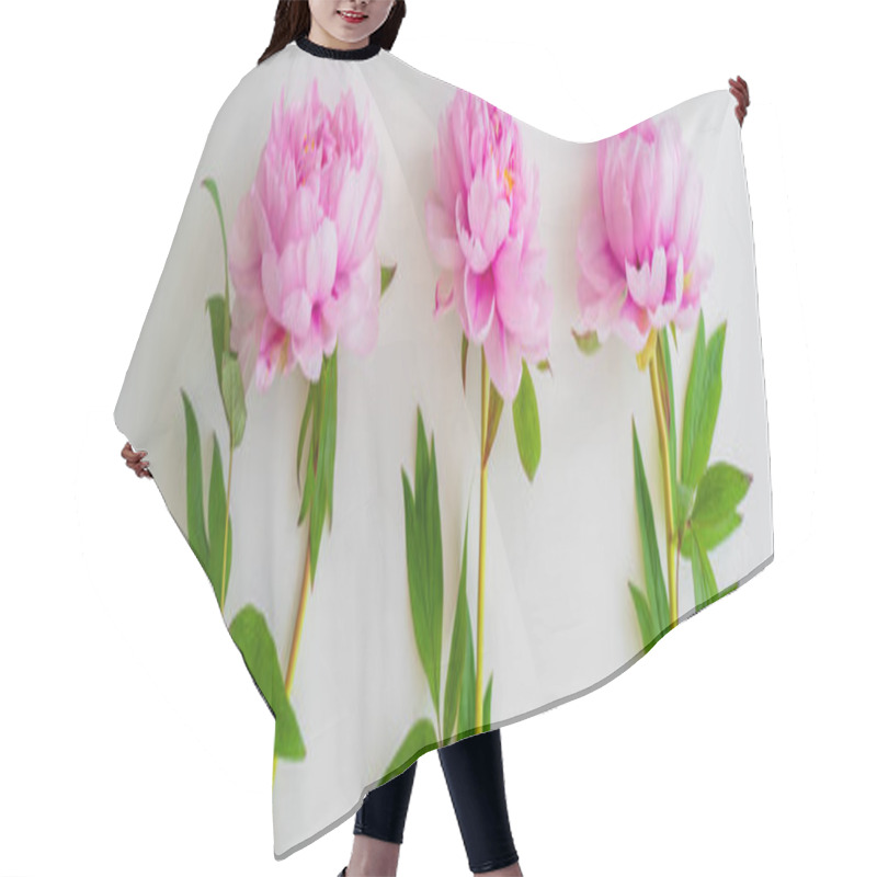 Personality  Top View Of Fresh Pink Peonies With Green Leaves On White Background, Banner Hair Cutting Cape