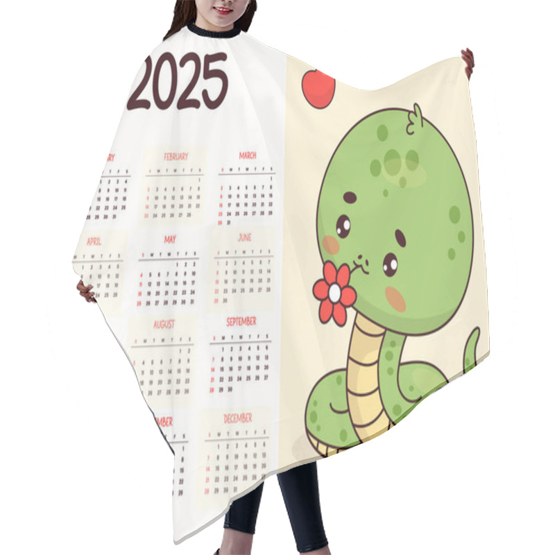 Personality  2025 Annual Calendar. Cute Snake Kawaii Character With Flower. Vector Horizontal Template 12 Months In English. Week Starts Sunday. 2025 Year Snake According To Eastern Calendar. Stationery Hair Cutting Cape